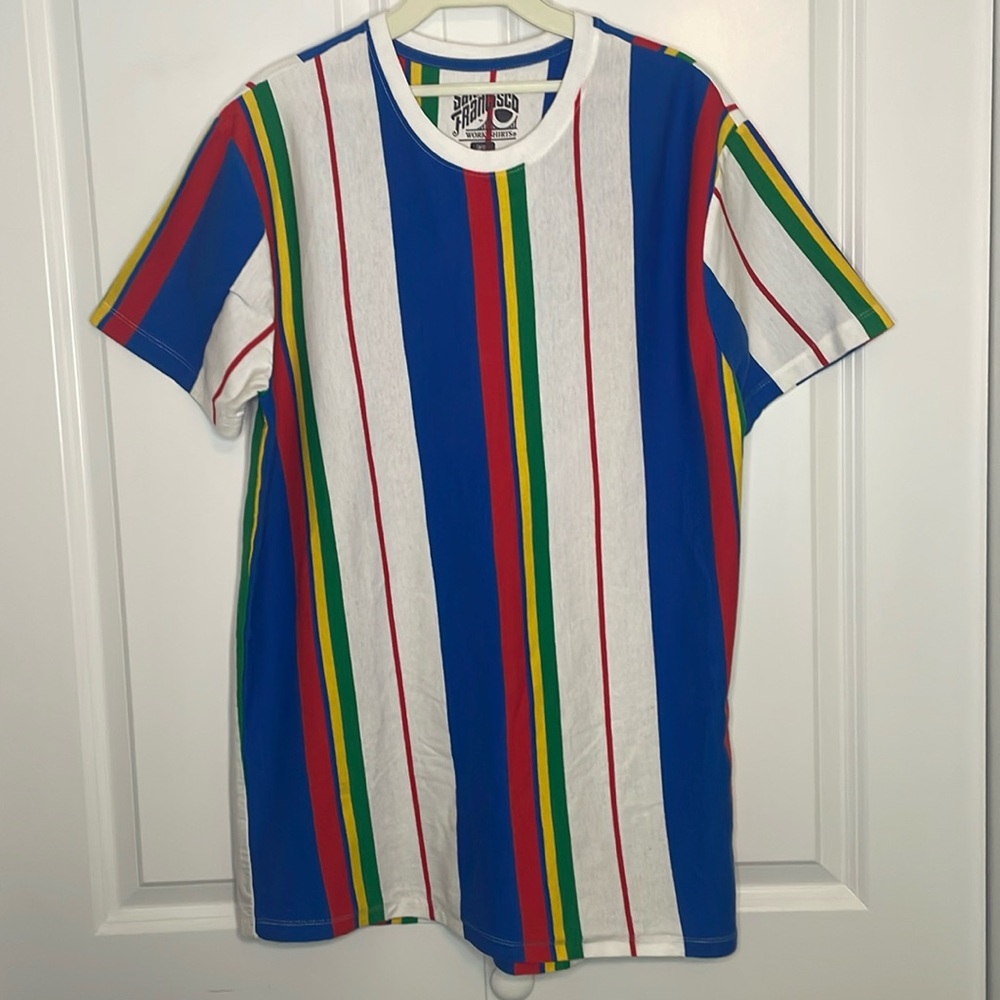 SAN FRANCISCO WORK SHIRTS Mens Size Large T-Shirt Multicolor Stripe Cotton Crew